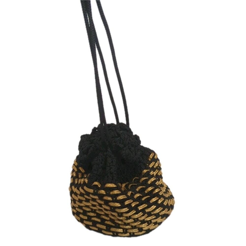 Vintage Drawstring Hand Crocheted Purse Bucket Bag Black / Gold